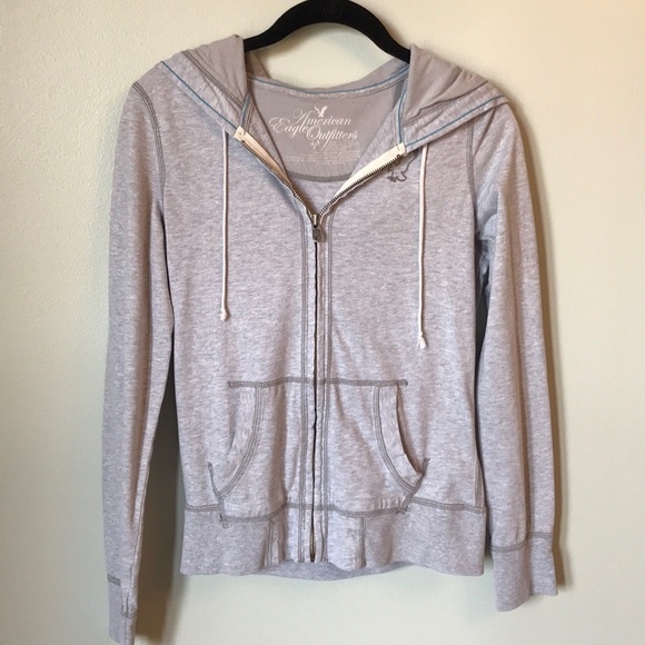 American Eagle Outfitters Tops - AE Lightweight Grey Zip Up Hooded Sweatshirt